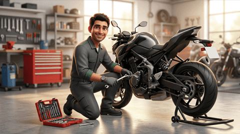 General servicing. Mechanic performing periodic motorcycle service in a clean bay