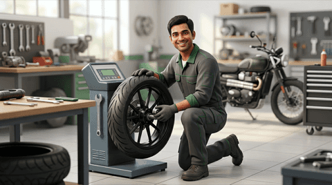 Tyres & wheels. Mechanic with motorcycle wheel and tyre equipment